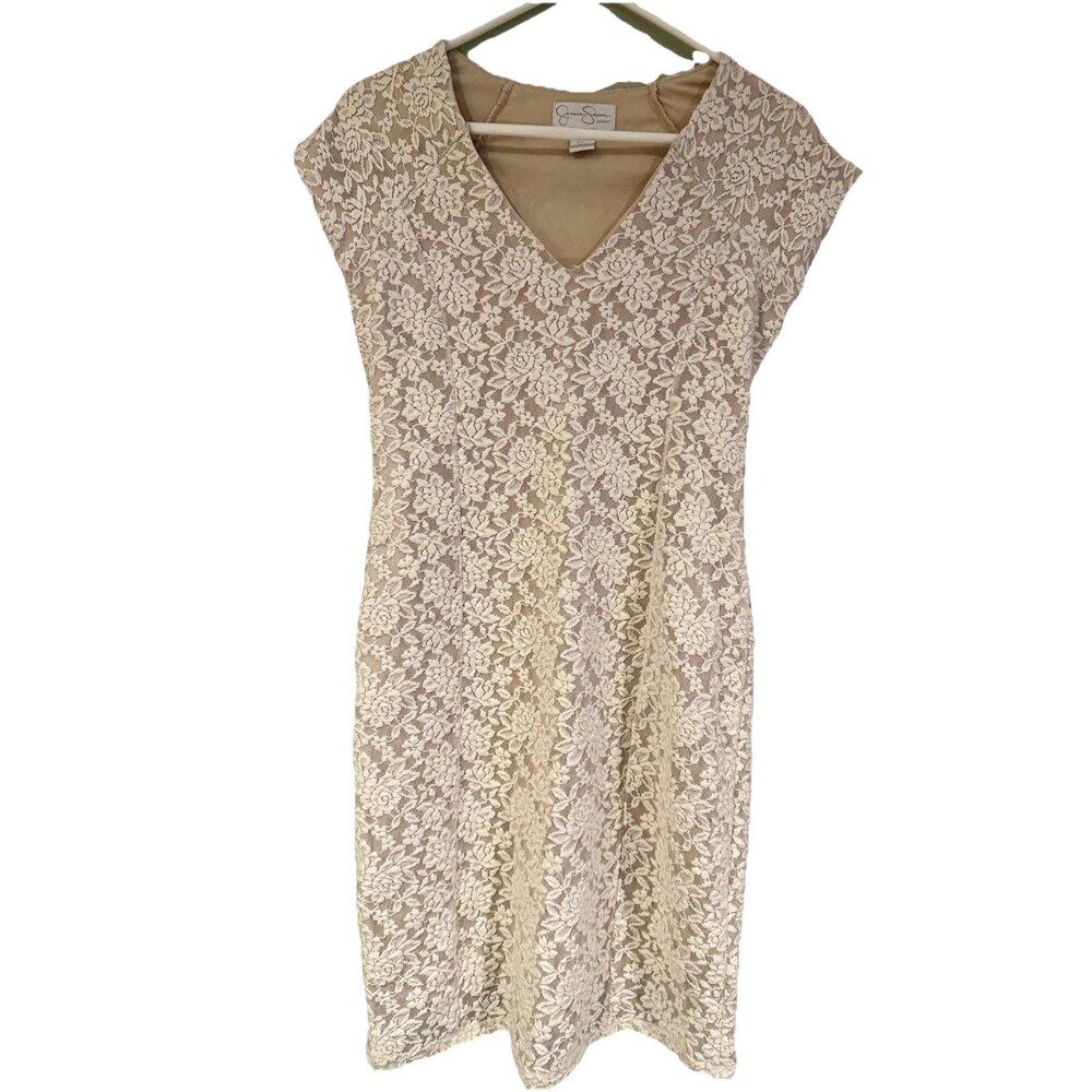 Jessica Simpson Maternity Dress Small Tan Base White Lace Overlay Photoshoot